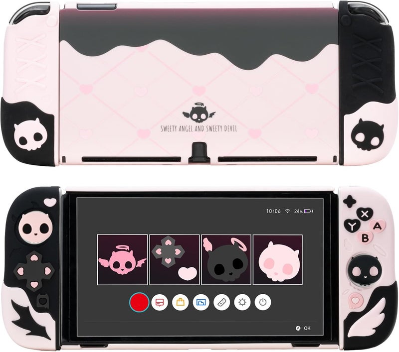 GEEKSHARE Protective Case for Switch OLED Model,Anti-Scratch Slim Cover Case Compatible with Switch OLED Separable Soft Silicone Shell with 2 Thumb Grip Caps- Sweetheart Skull - Image 1